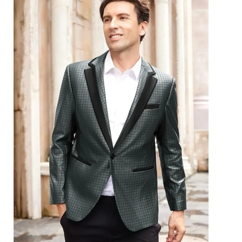 Men's Metallic Charcoal Gray Check Blazer - Tuxedo Jacket with Black Trim!
